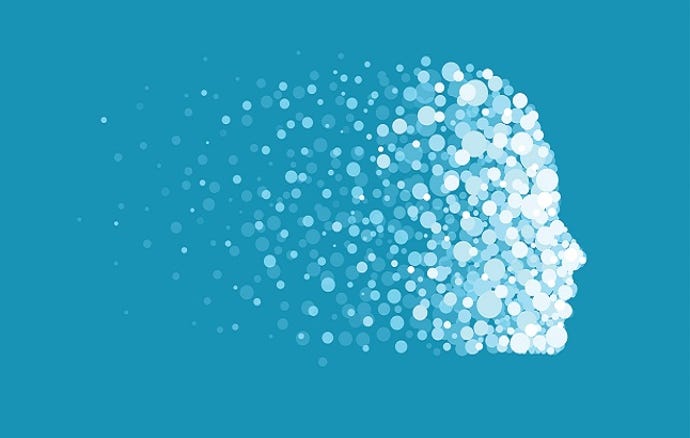 Vector of a human face made of digital particles as symbol of artificial intelligence and machine learning