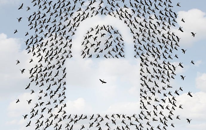 Group protection concept and security network symbol as a flock of birds flying in the sky shaped as a lock